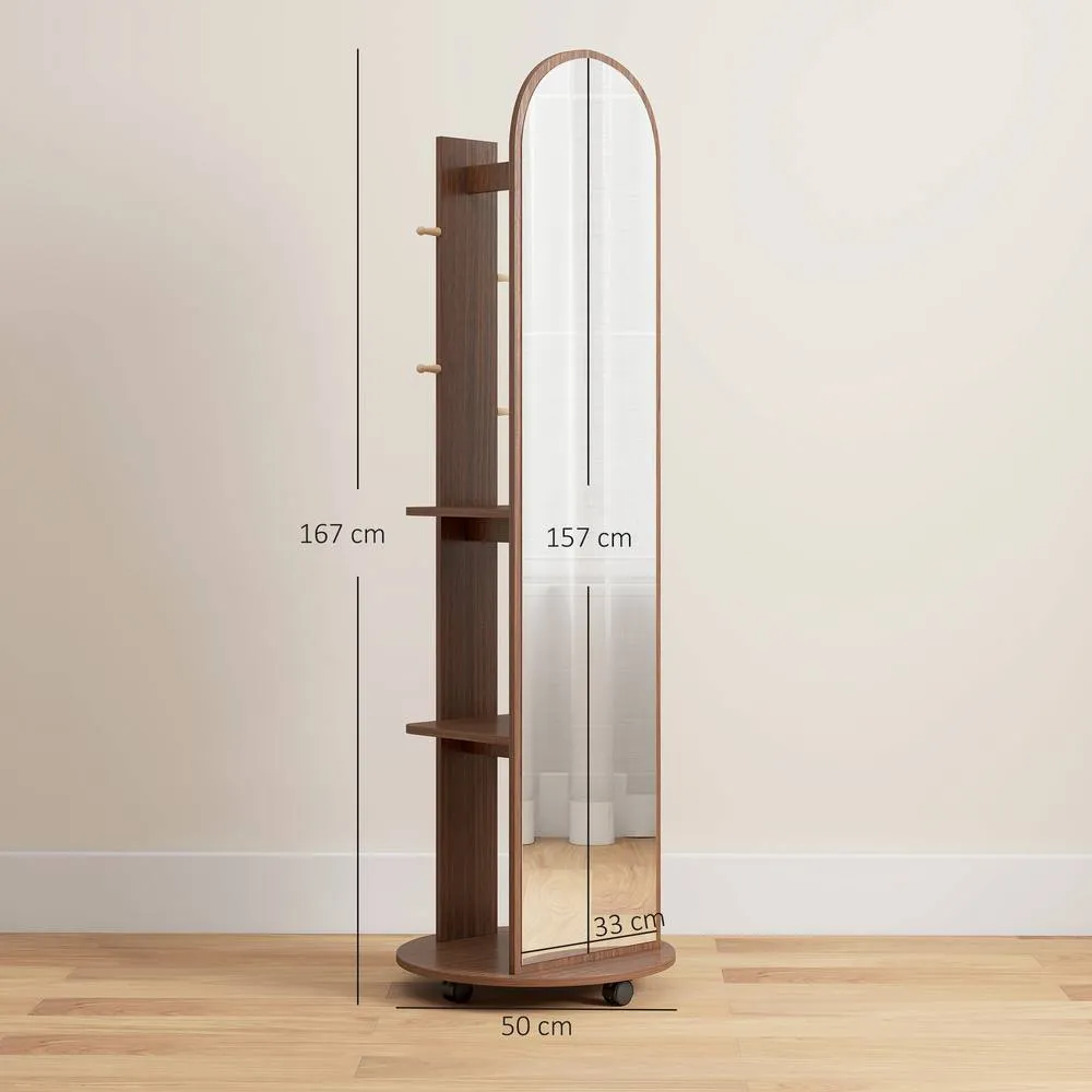 HOMCOM 2-in-1 Full Length Mirror with Shelves, 4 Wheels in Brown 3