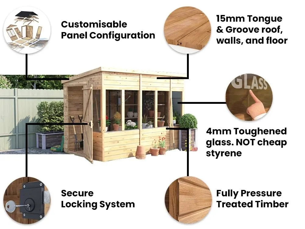 Dunster House Wooden Potting Shed Pent Roof W6' x D10' (W1.8m x D3.0m) Overlord Modular in Brown 4
