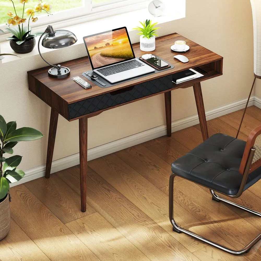 Costway Writing Table with Drawer & Open Compartment in Brown 3