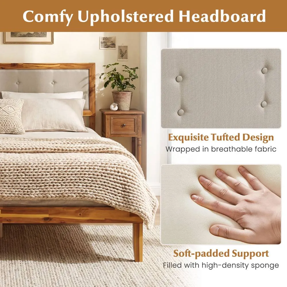 Costway King Size Bed Frame Solid Acacia Wood Platform Beds w/Tufted Headboard 4