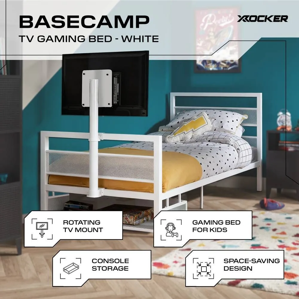 X Rocker Basecamp TV Bed Rotating TV Mount & Storage with Mattress in White 2