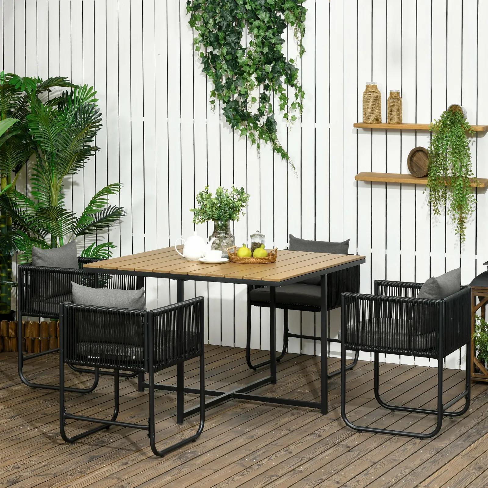 OUTSUNNY 5-PC Rattan Dining Set, 4-seater Rattan Cube Dining Sets with Space-saving Design in Black