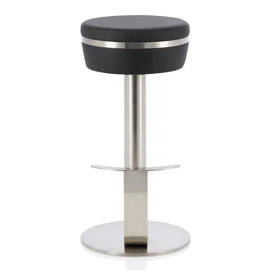 Heston Bar Stool In Black Faux Leather With Stainless Steel Base
