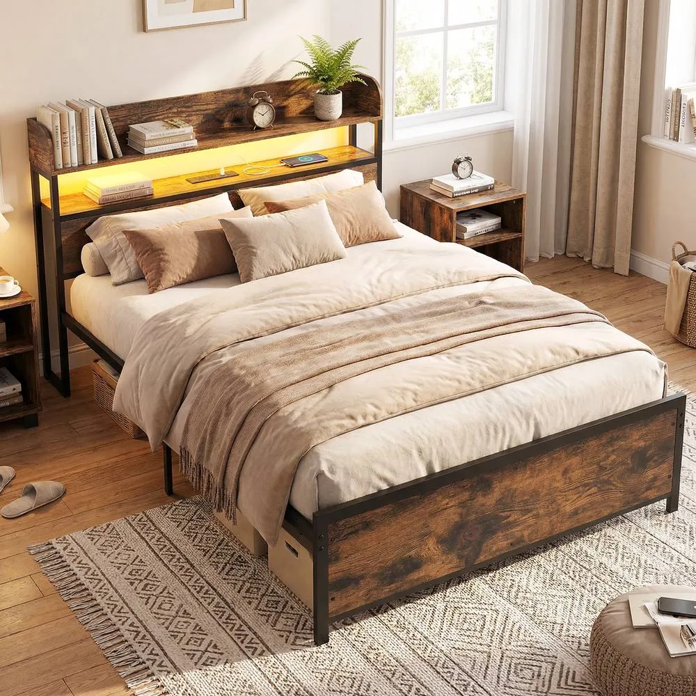 Costway King Size Platform Bed Bed Frame with LED Lights & Power Outlets in Brown 4