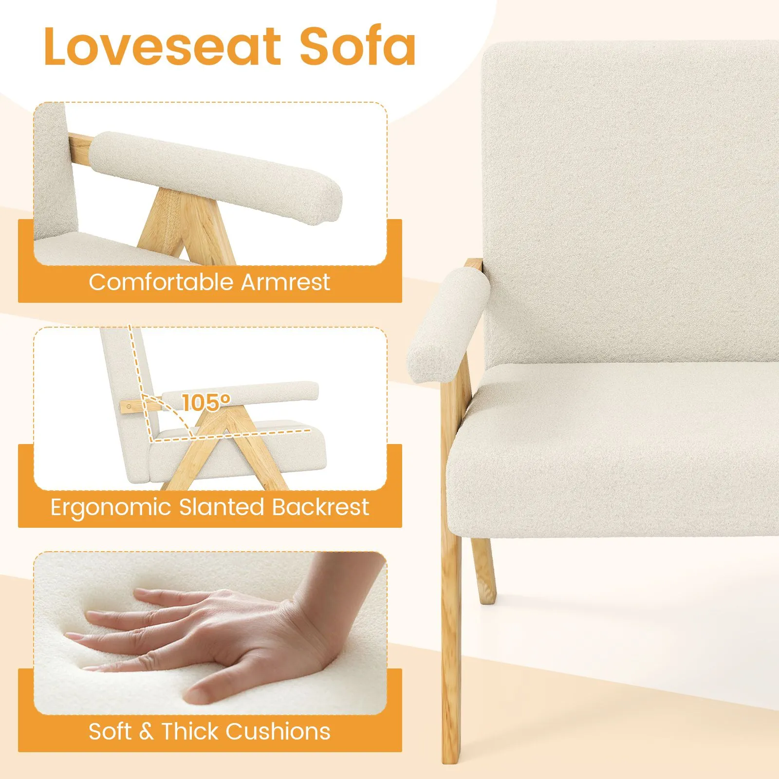 Costway Loveseat Sofa Comfy Upholstered Sherpa Couch with Armrests in White 6