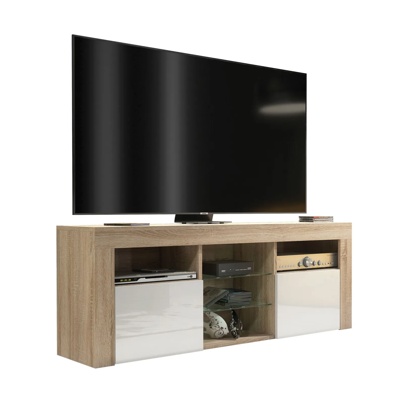 Creative Furniture TV Unit 145cm Modern - Oak with High Gloss White Doors in Light Oak 5