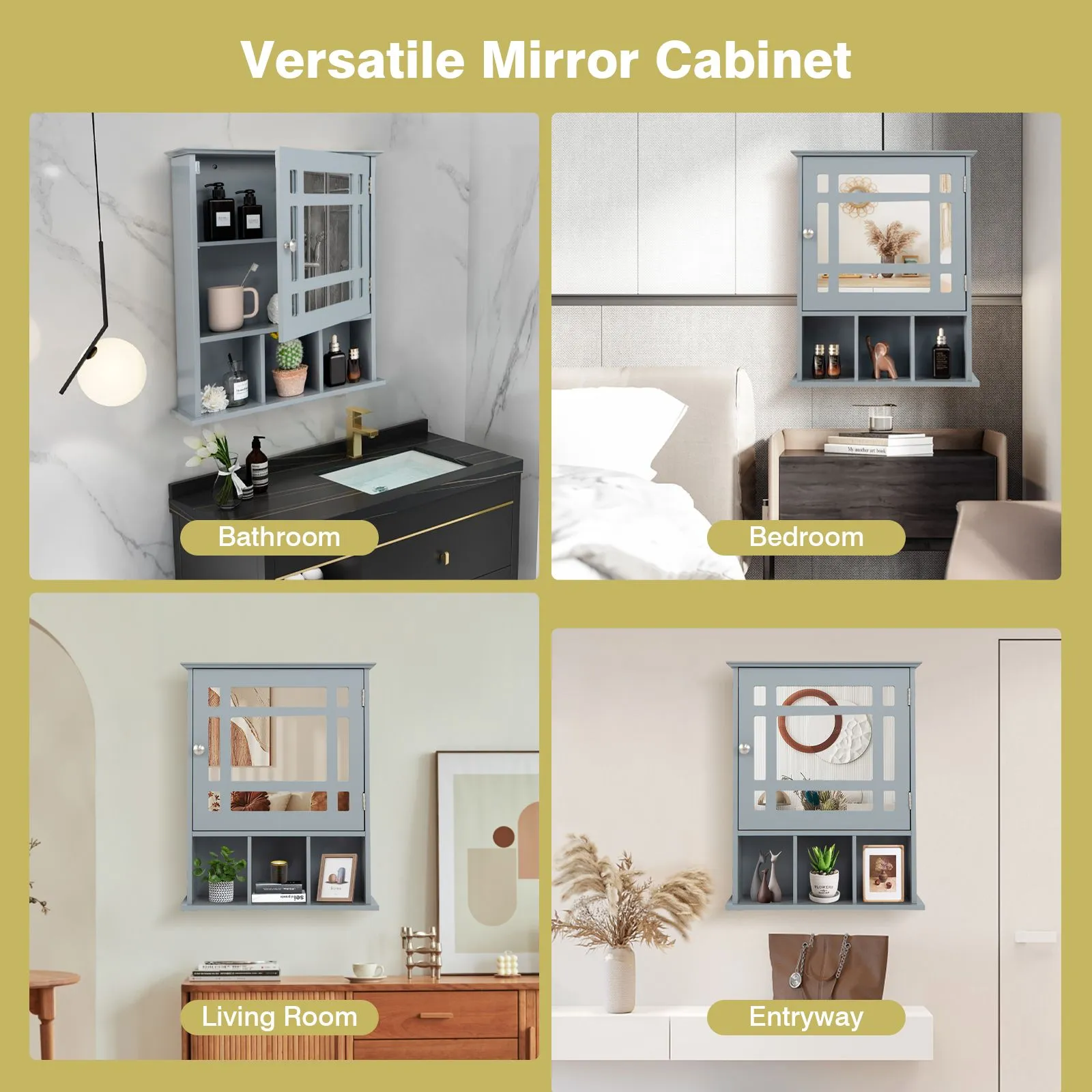 Costway Bathroom Wall Storage Cabinet Wooden Hanging Medicine Organizer W/ Mirror in Grey 6