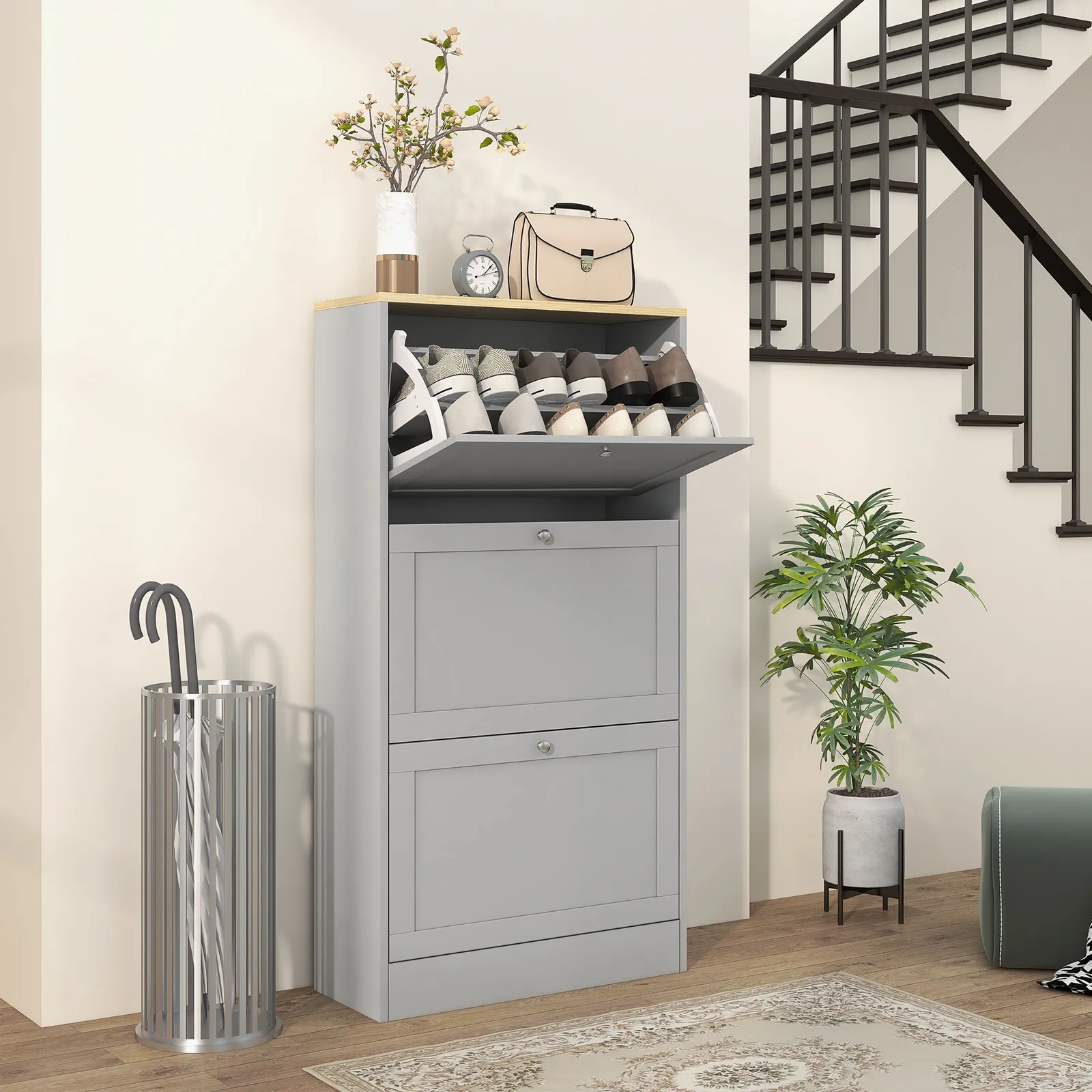 HOMCOM Narrow Shoe Cabinet with 3 Flip Drawers for 12-18 Pairs of Shoes Grey