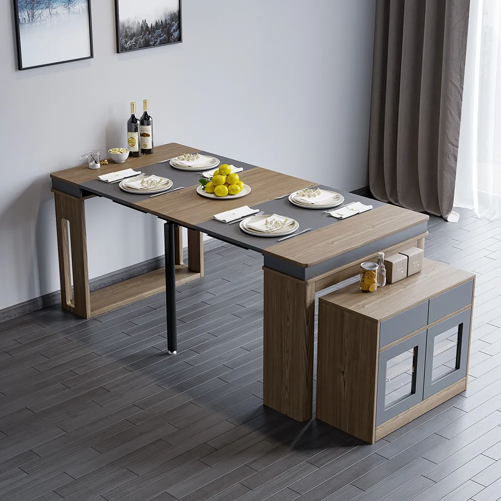 Modern Extendable Dining Table Rectangle Sideboard with Storage in Walnut & Gray