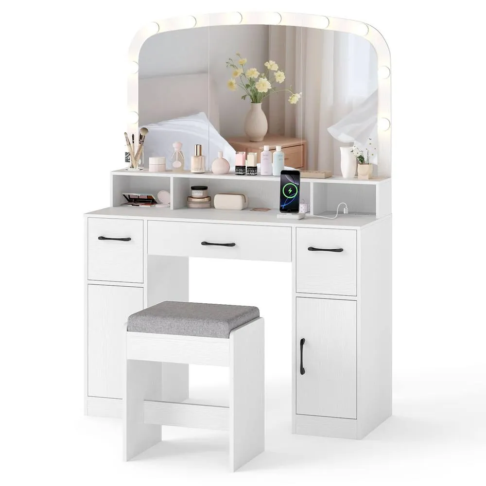 Costway Modern Dressing Table w/Stool Vanity Desk Makeup Table w/Mirror Lights in White 3