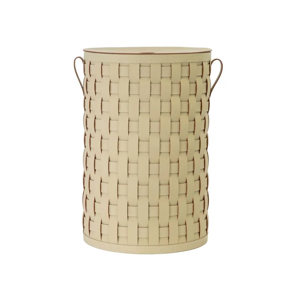 Angel Cerda Sand Regenerated Leather Cylindrical Storage Basket with Lid in Light Sand 2