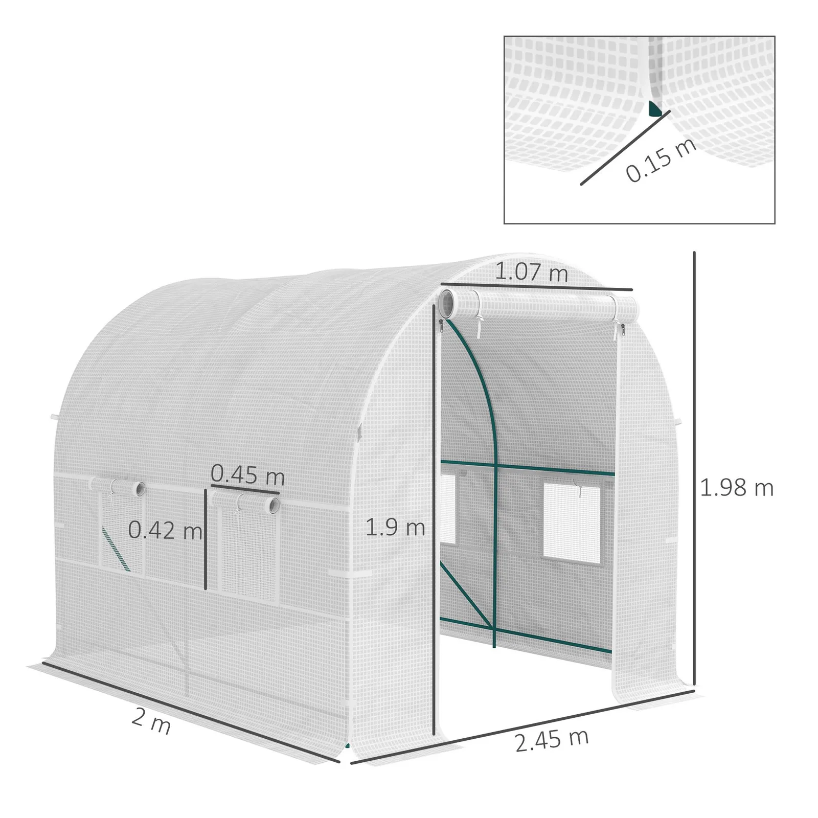 OUTSUNNY Polytunnel Greenhouse Roll Up Door Windows Outdoor Grow House 2x2.5m in White 3
