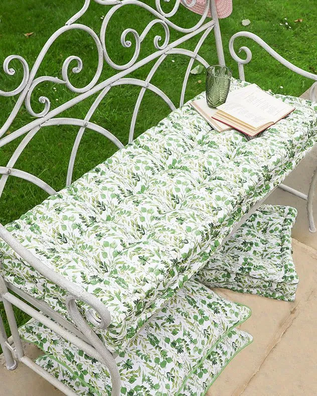 Dibor Vintage Green Leaf Print Cotton Outdoor Furniture Garden Bench Pad L112cm x W44cm