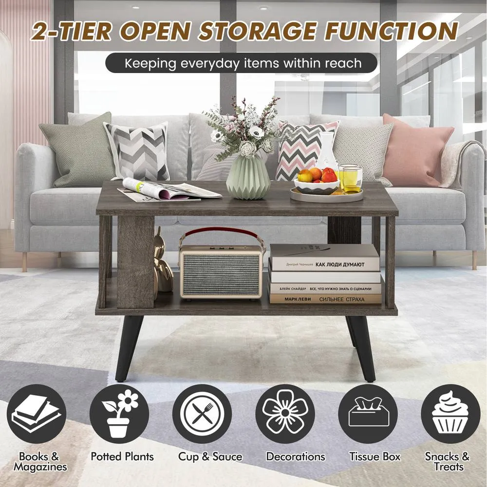 Costway 2-Tier Wooden Center Table Coffee Table w/Open Storage Shelf-Grey in Grey 3