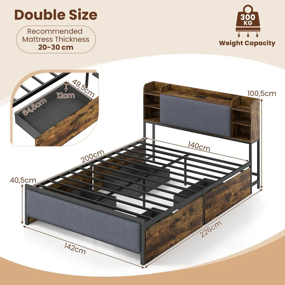Costway Double Size Bed Frame Platform Bed w/ LED Lights & Charging Station in Brown 3