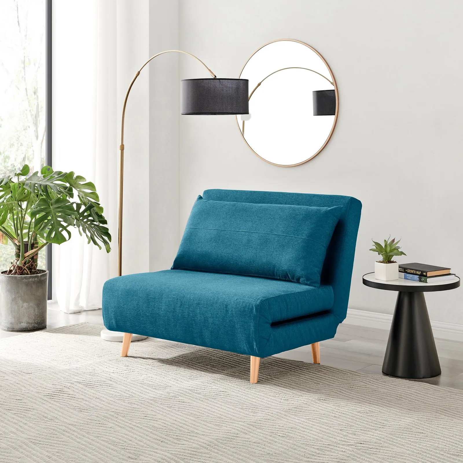 FurnitureboxUK Bobby Compact Futon Inspired Sofa Bed Upholstered In Soft Fabric in Blue 1
