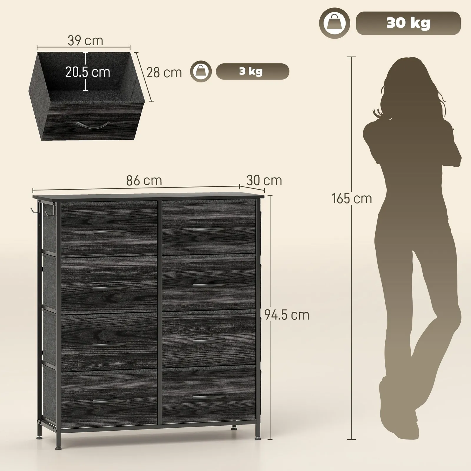 HOMCOM Fabric Chest of Drawers, Drawer Dresser for Bedroom in Black 3