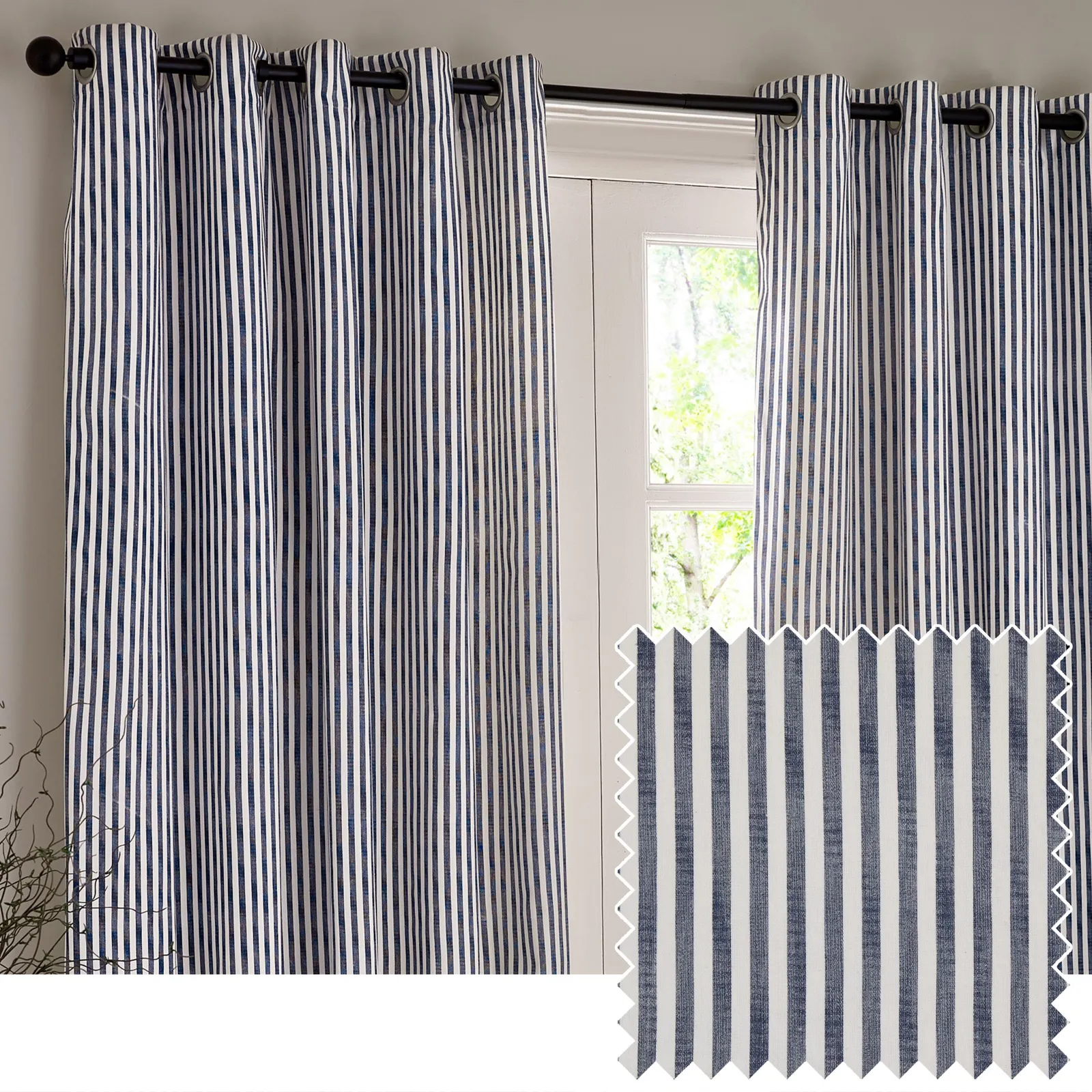 Yard Hebden Striped 100% Cotton Lined Eyelet Curtain Pair in Blue 1