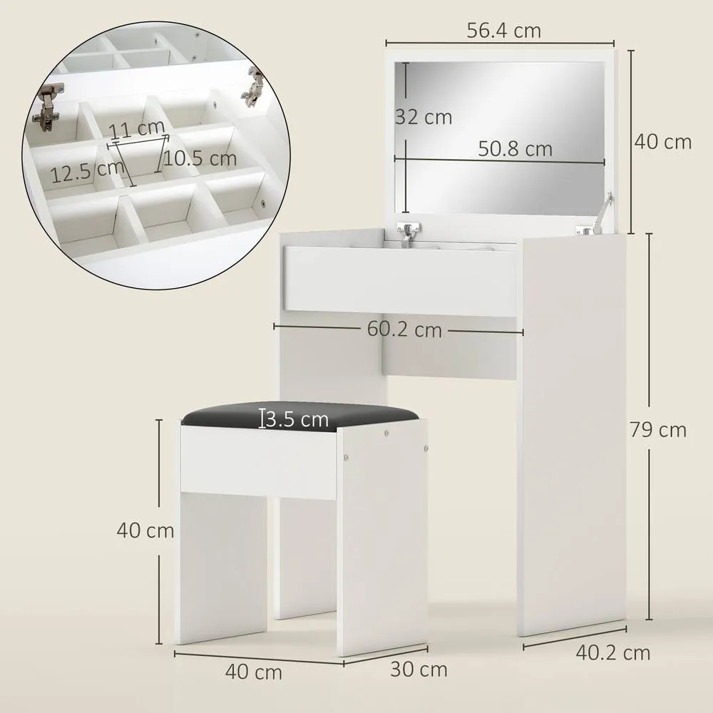 HOMCOM Dressing Table Set Padded Stool with Flip-up Mirror Multi-purpose in White 3