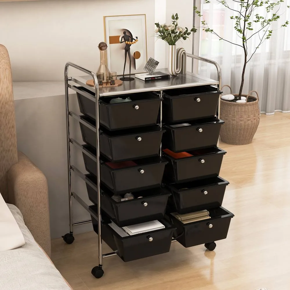 Costway 10 Drawers Storage Trolley Mobile Rolling Utility Cart Home Office Organizer in Black 2