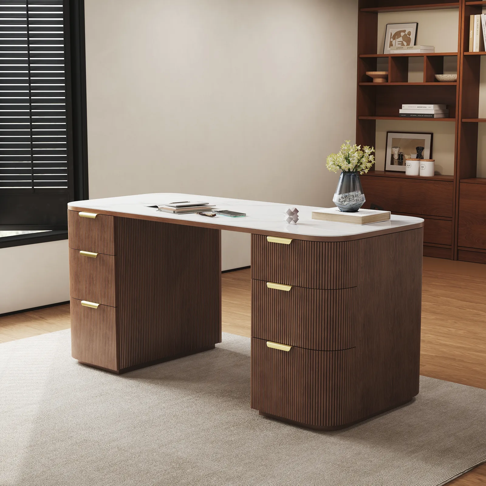 Walnut Ash Wood & Sintered Stone Rectangle Desk with 6 Drawers (1620mm)