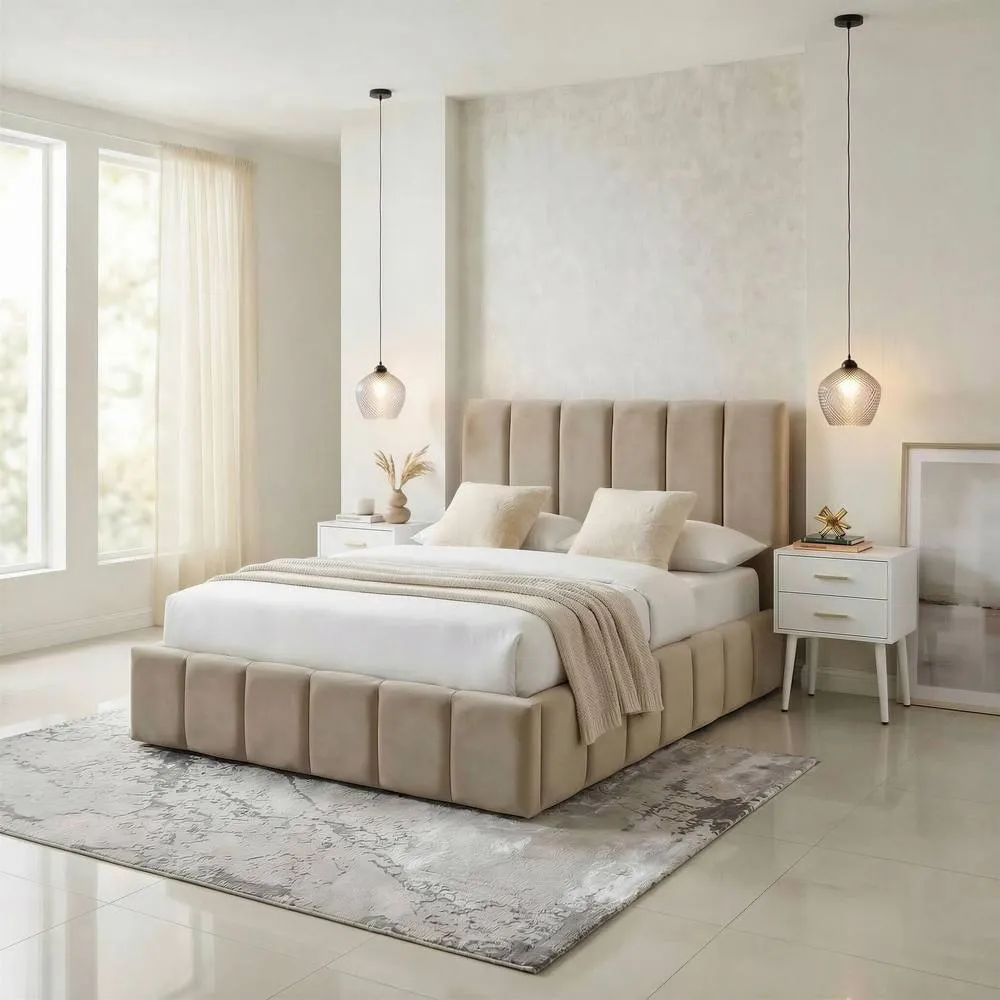 FurnitureboxUK Trifle Taupe Velvet Ottoman Double Bed Frame in Beige