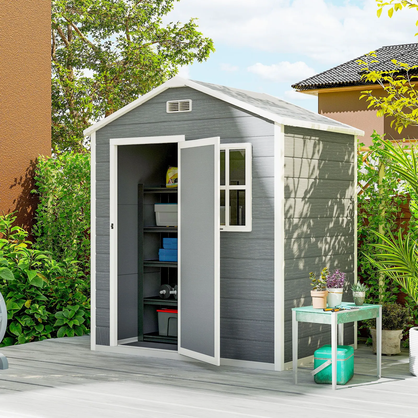 OUTSUNNY 6 x 4ft Resin Garden Shed with Floor & Window, Grey