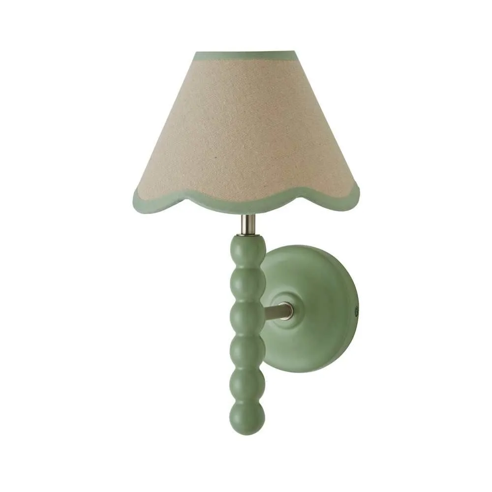 ValueLights Bobbins Sage Green Bobble Wall Light & Linen Pastel Trim Lamp Shade in Pale Green 6