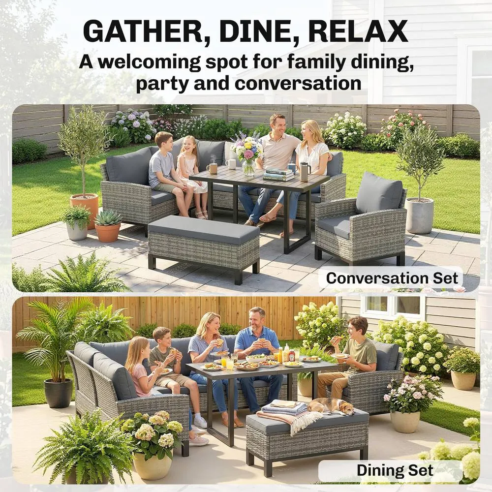 OUTSUNNY Rattan Garden Furniture Sofa Set, Outdoor Dining Set for 9, Grey in Dark Grey 4