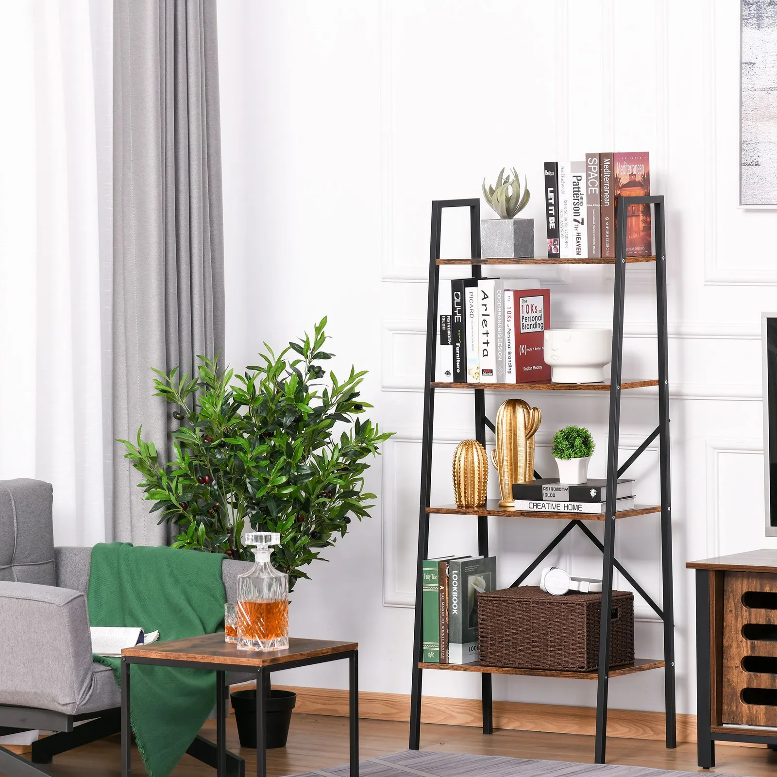 HOMCOM 4-Tier Minimalistic Ladder Shelf Unit Steel Frame Home Display Storage in Brown 1