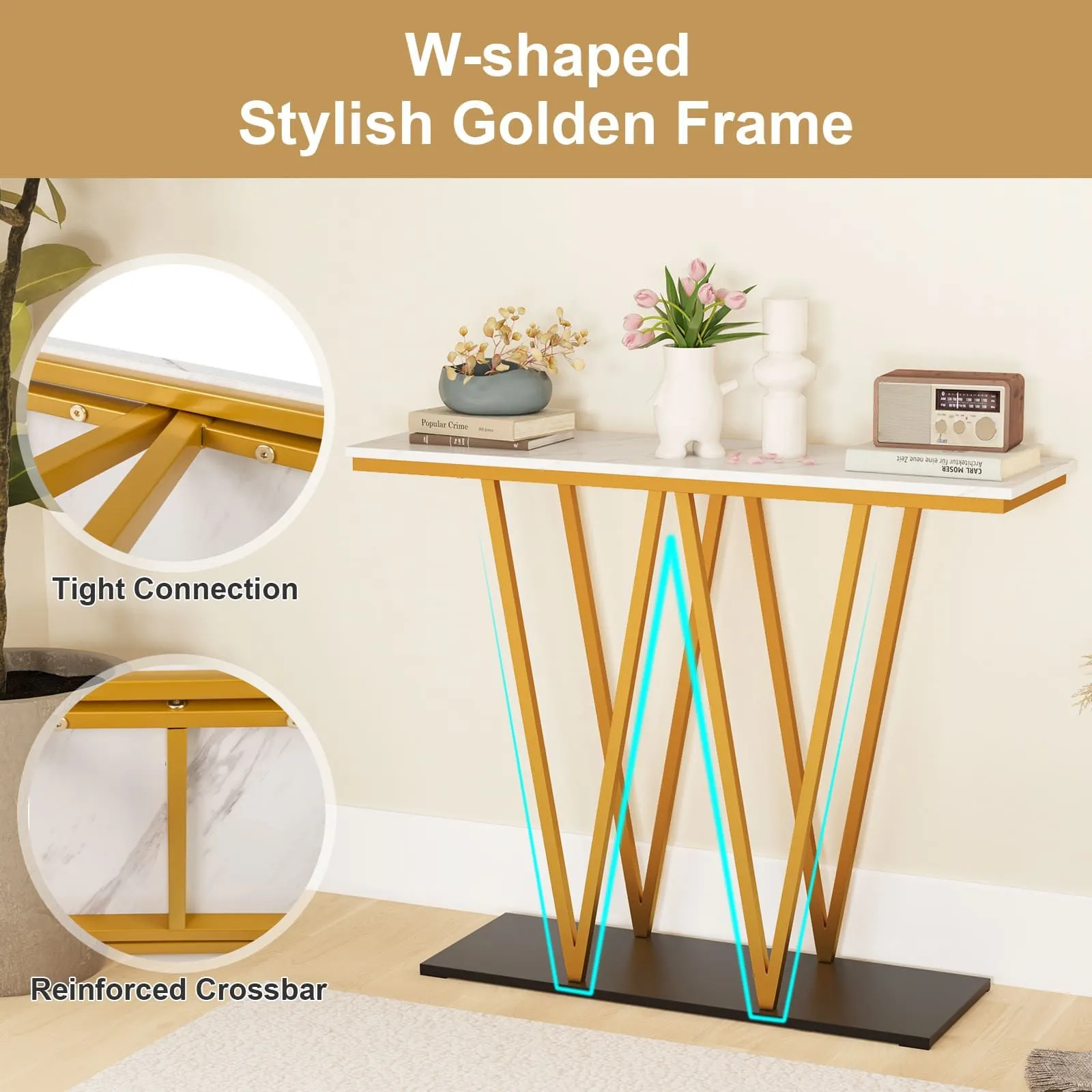 Costway Console Table 100cm Extra Long Entry Table w/ Faux Marble Top in White 4