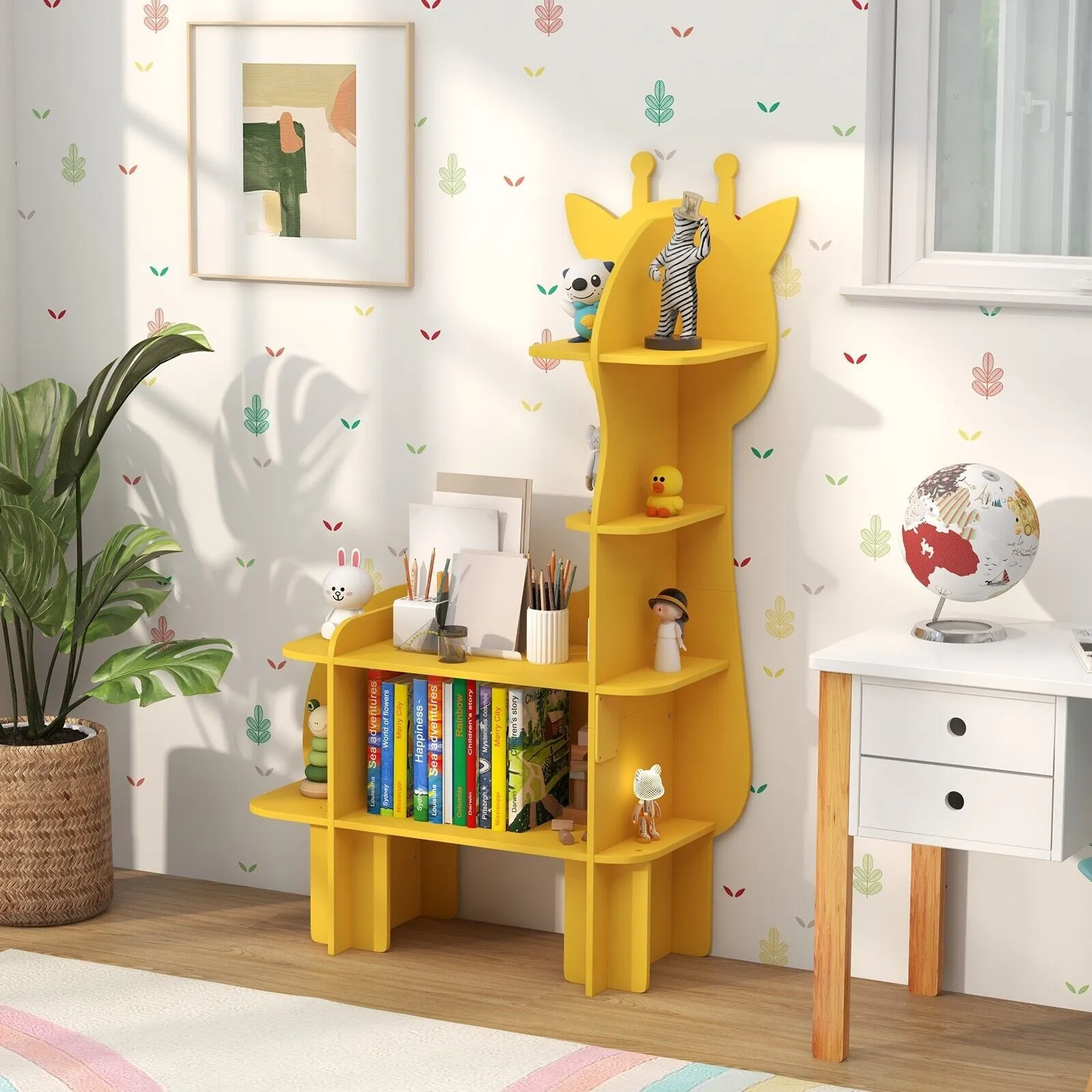 Costway Giraffe Bookcase 4 Tiers Toy Storage Organizer Wooden Bookshelf in Yellow 3