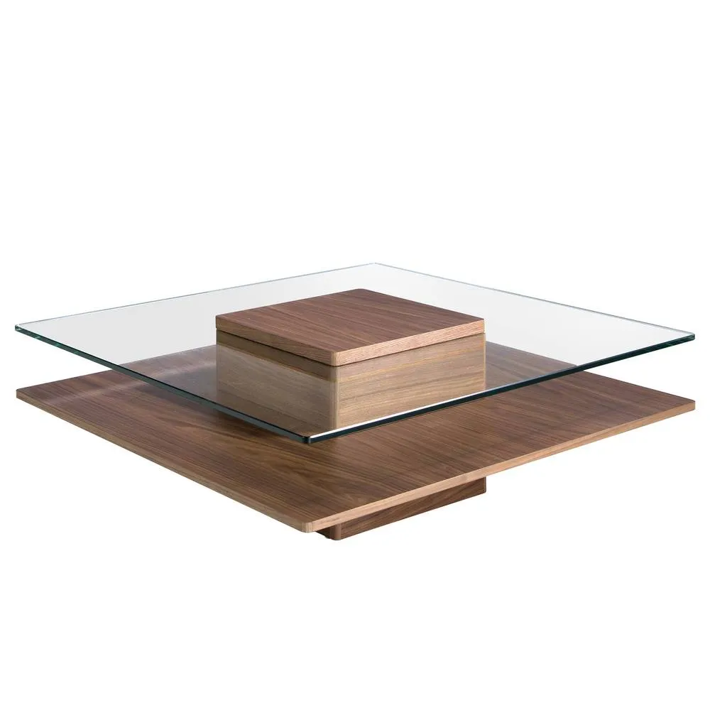 Angel Cerda Square Tempered Glass Coffee Table with Walnut Veneer in Brown