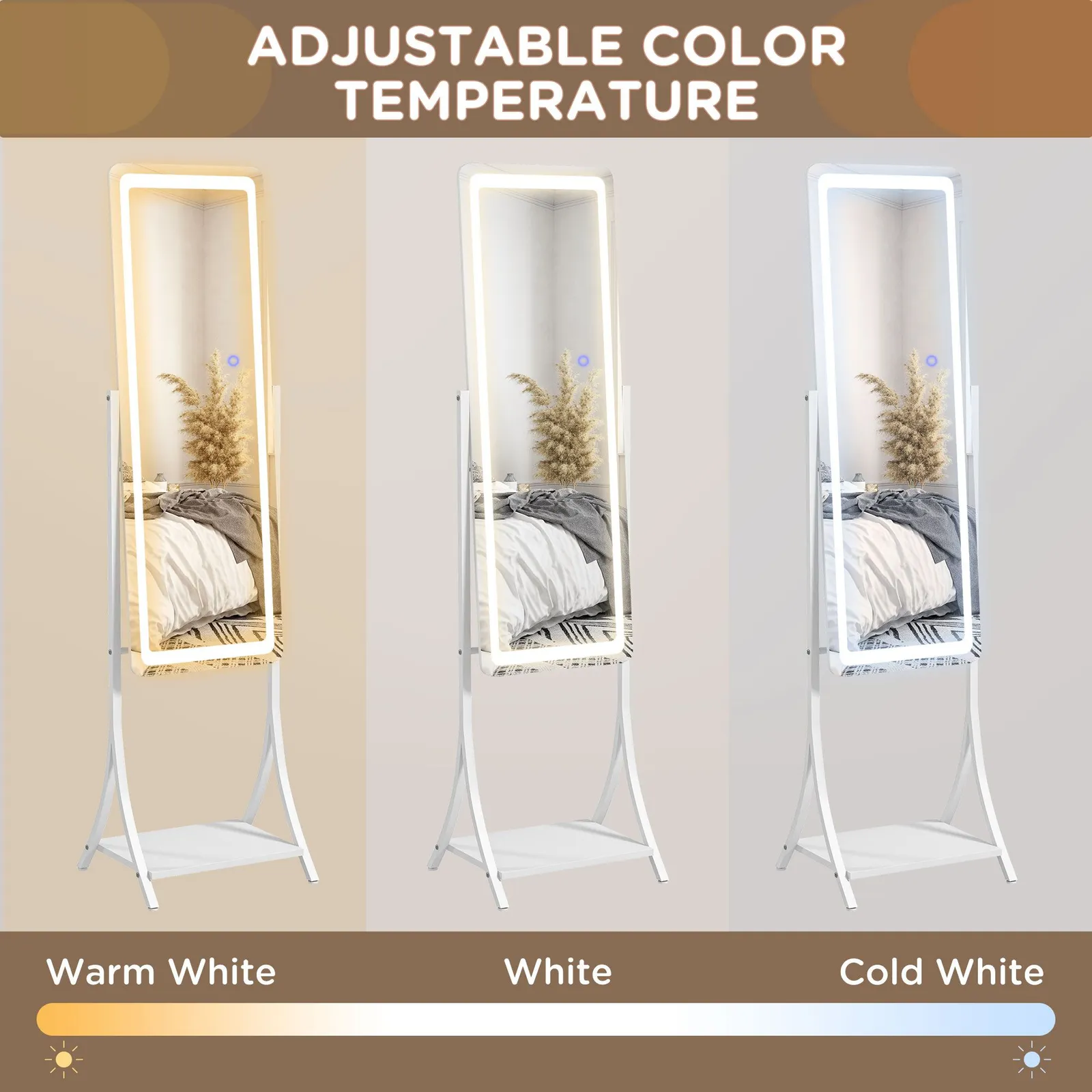HOMCOM LED Lighted Full Length Mirror, Floor Standing Mirror with Shelf in White 5