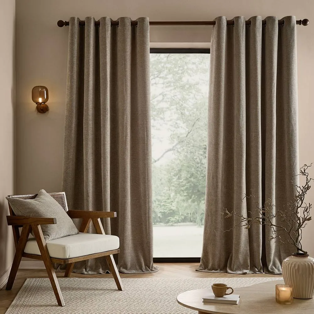 Yard Heath Washed Velvet Fully Lined Eyelet Curtain Pair in Beige 4