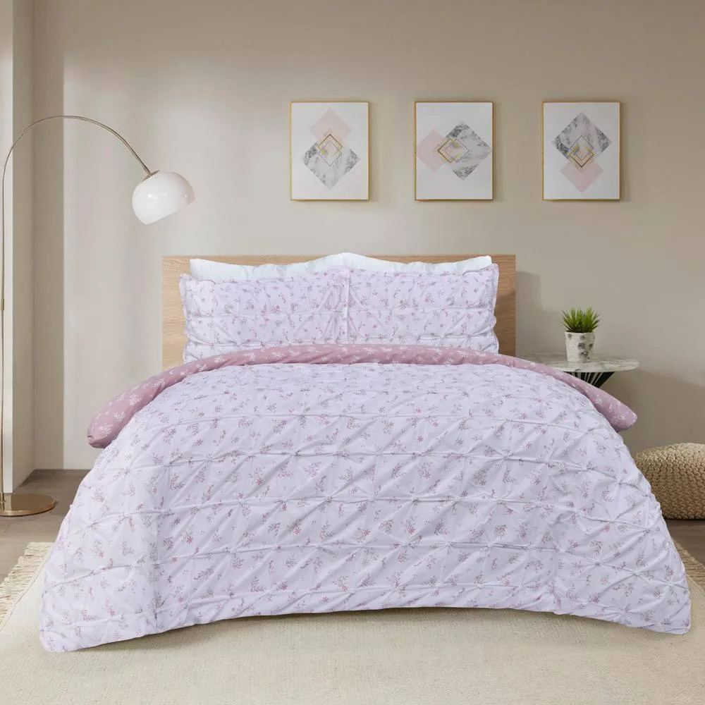 Smart Living Printed Rouched Pleat Ditsy Leaves Reversible Duvet Cover & Pillowcase in Pink