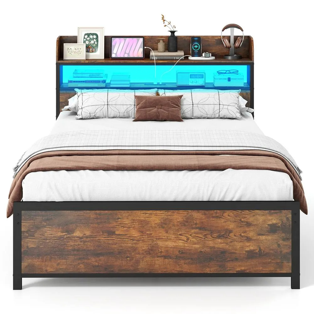 Costway Double Bed Frame w/LED Lights & Power Outlets Platform Bed w/Headboard in Brown 3