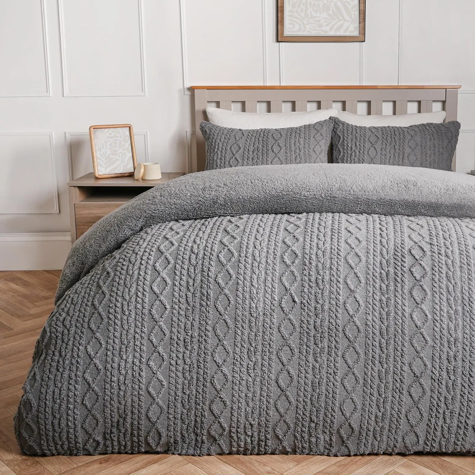 OHS Cable Knit Fleece Duvet Cover Set Warm Reversible Bedding in Light Grey
