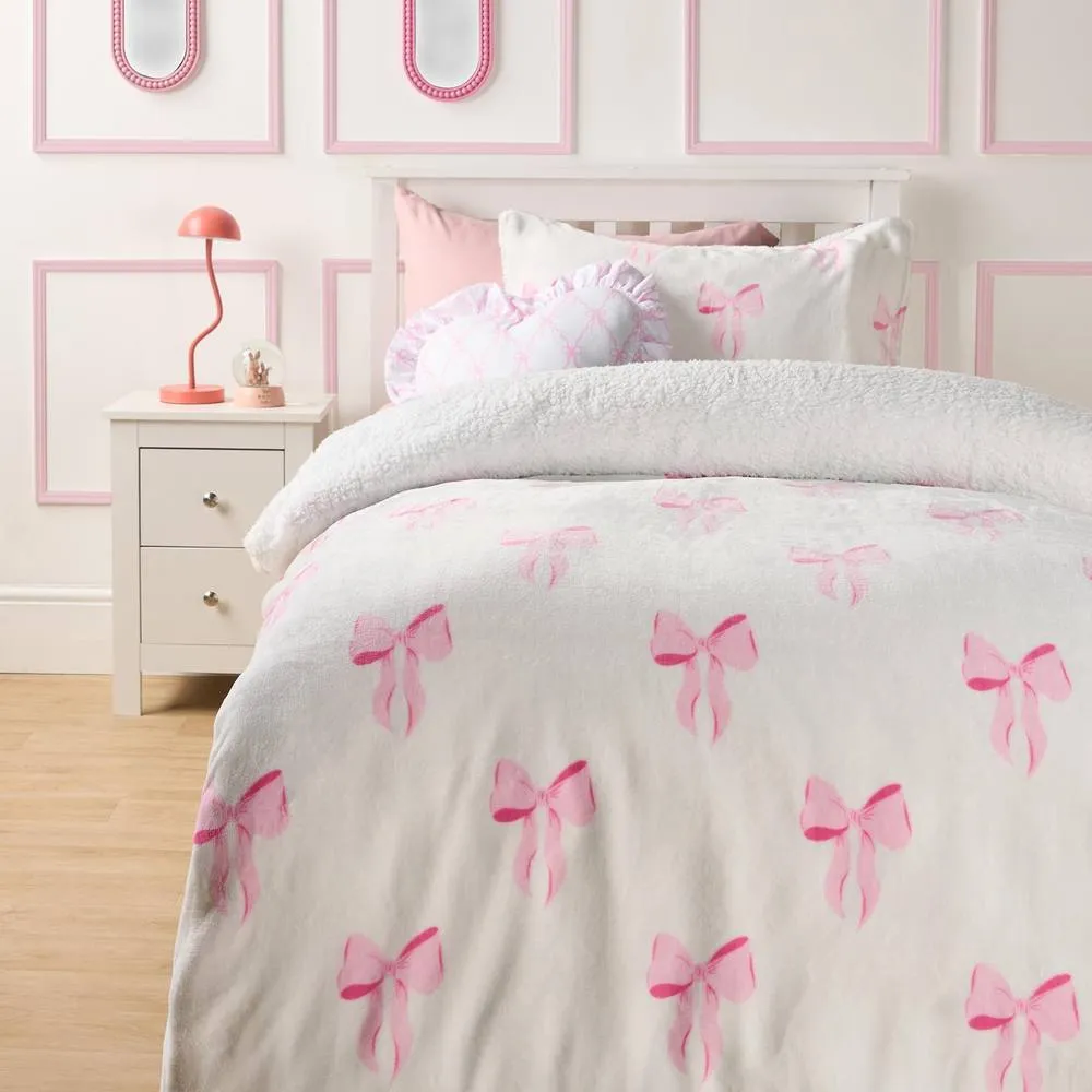 OHS Bows Fleece Bedding Set Winter Duvet Cover with Pillowcase in White