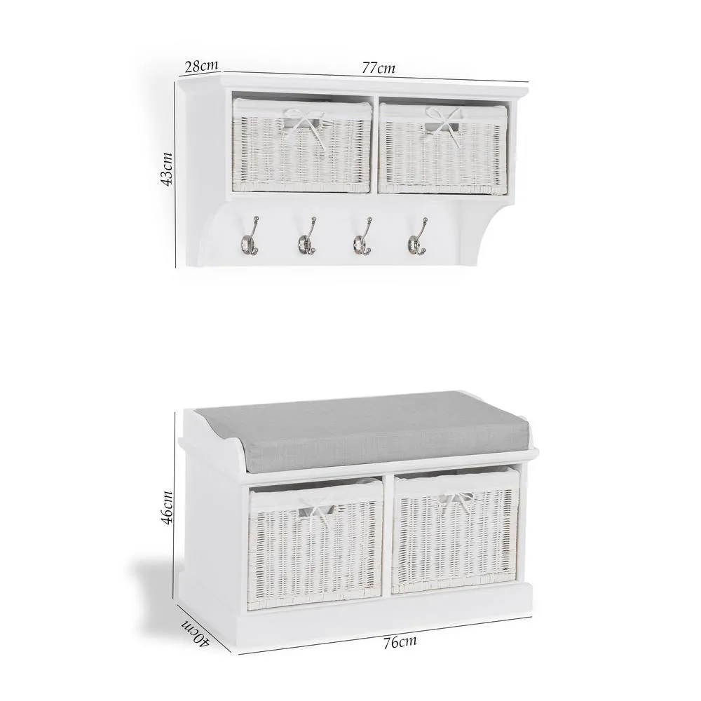 Statement Furniture Tetbury Small Hallway Coat Rack / Shelf with Wicker Storage Baskets in White 6