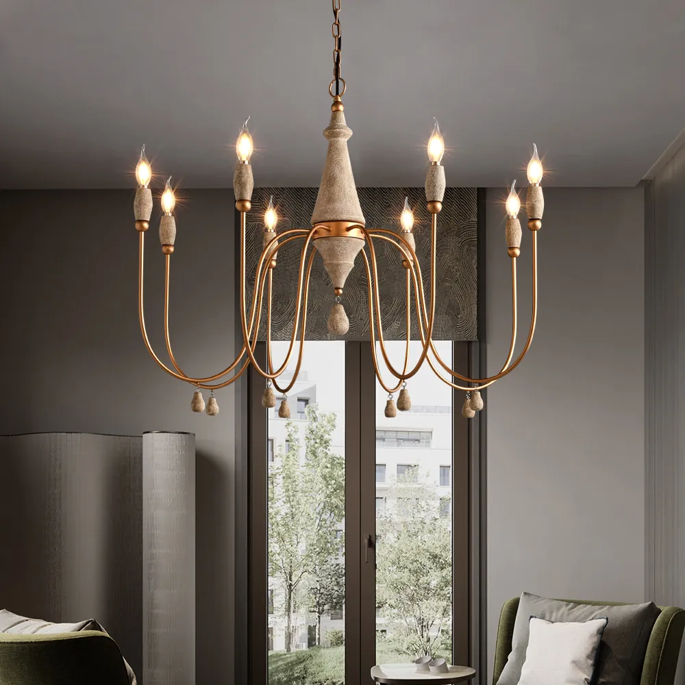Mid Century  Modern Candle-Style 8-Light Chandelier Gold Ovated Wood Pendant Light