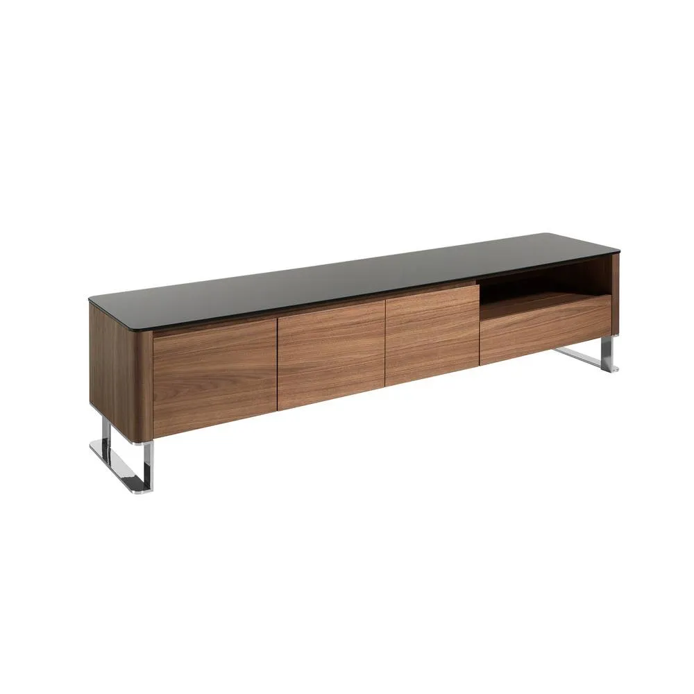 Angel Cerda Walnut TV Unit with Black Tempered Glass Top & Chrome in Brown