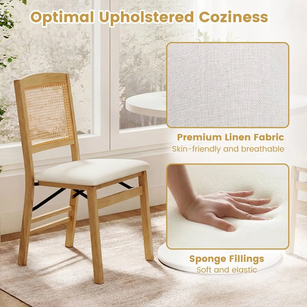 Costway Folding Chairs Set of 2 Rubber Wood Dining Chairs w/Linen Padded Seat in Natural 5