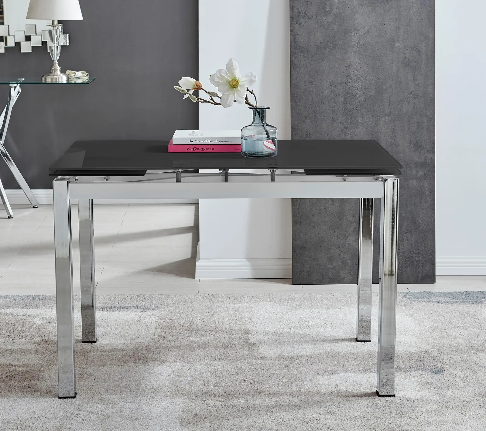 FurnitureboxUK Enna 170cm 6-Seater Chrome & Glass Extending Dining Table in Black 3
