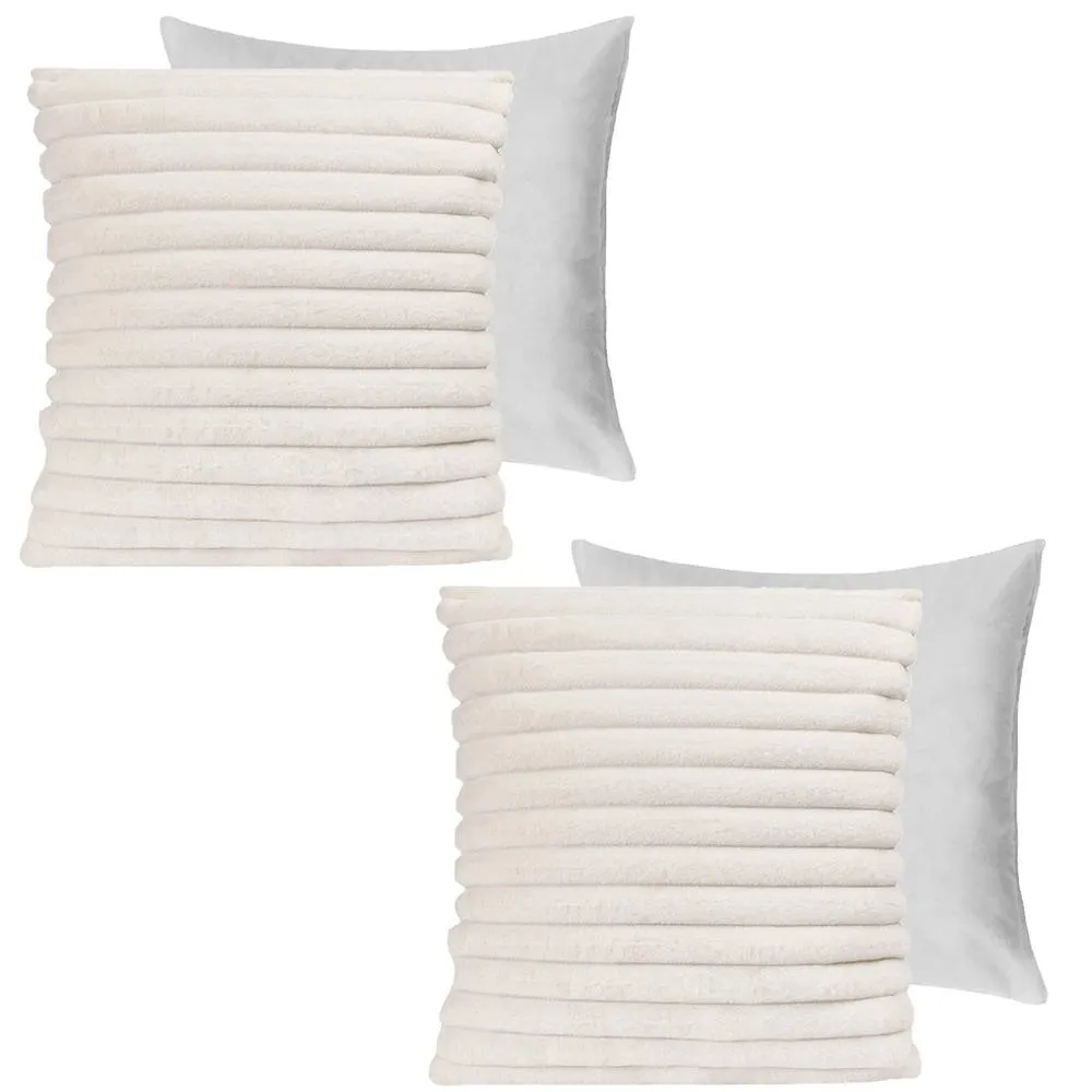 OHS 2 x Faux Fur Thick Rib Filled Cushion Covers in White