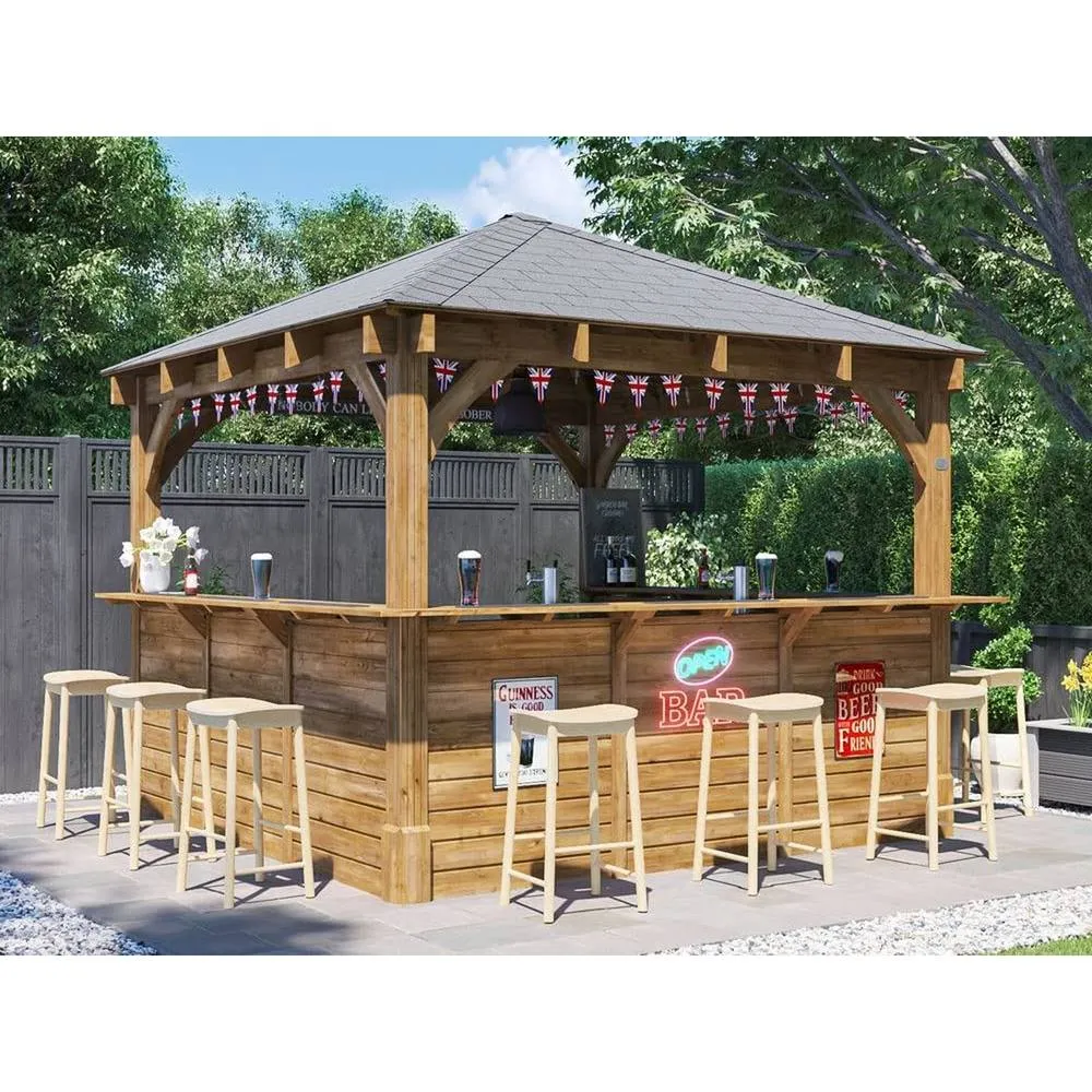 Dunster House Garden Bar 3x3m Wooden Outdoor Pub Shed Kiosk Counter, Leviathan in Brown 2