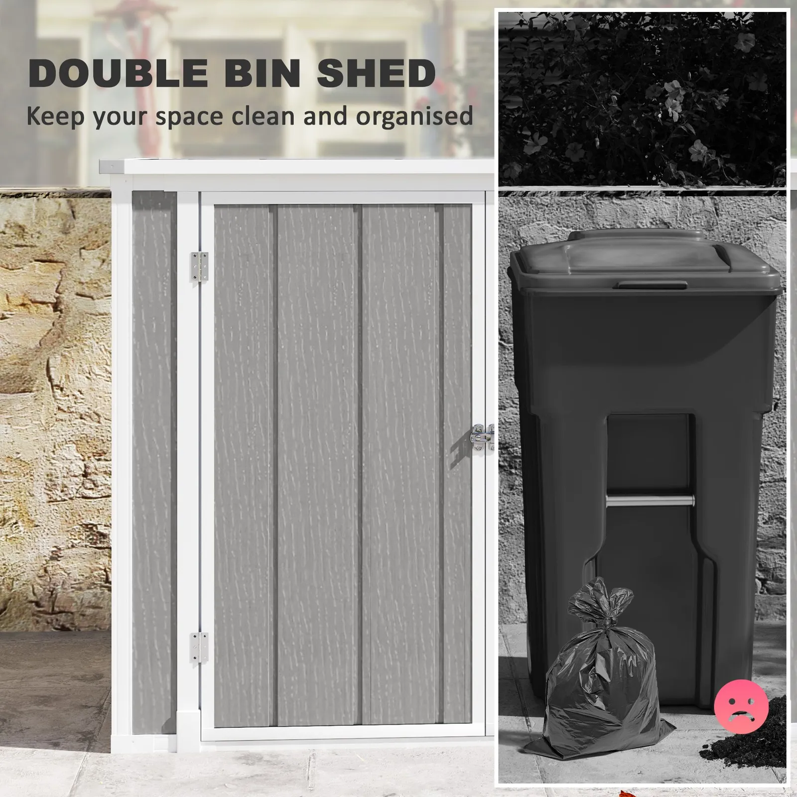 OUTSUNNY 4.7 x 2.5FT Lockable Garden Shed, Double Bin Storage Shed, Grey 6