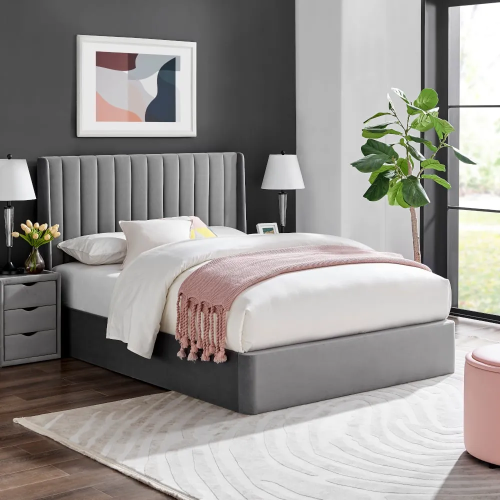 Harper - Super King Size - Winged Ottoman Storage Bed - Grey - Velvet - 6ft - Happy Beds