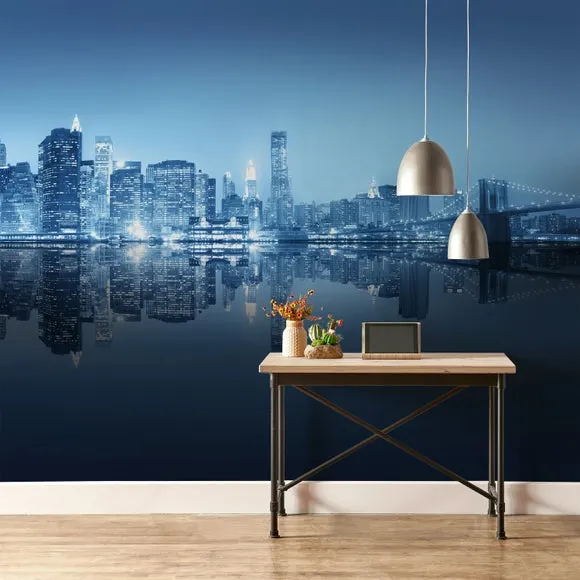 City Night Skyline Blue Wall Mural 3