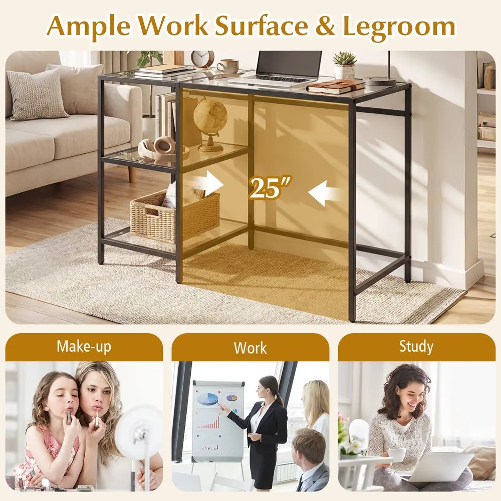 Costway Tempered Glass Computer Desk Modern Office Desk with Storage Shelves in Black 3